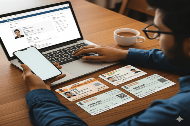 Laptop and demat acount opening documents on table